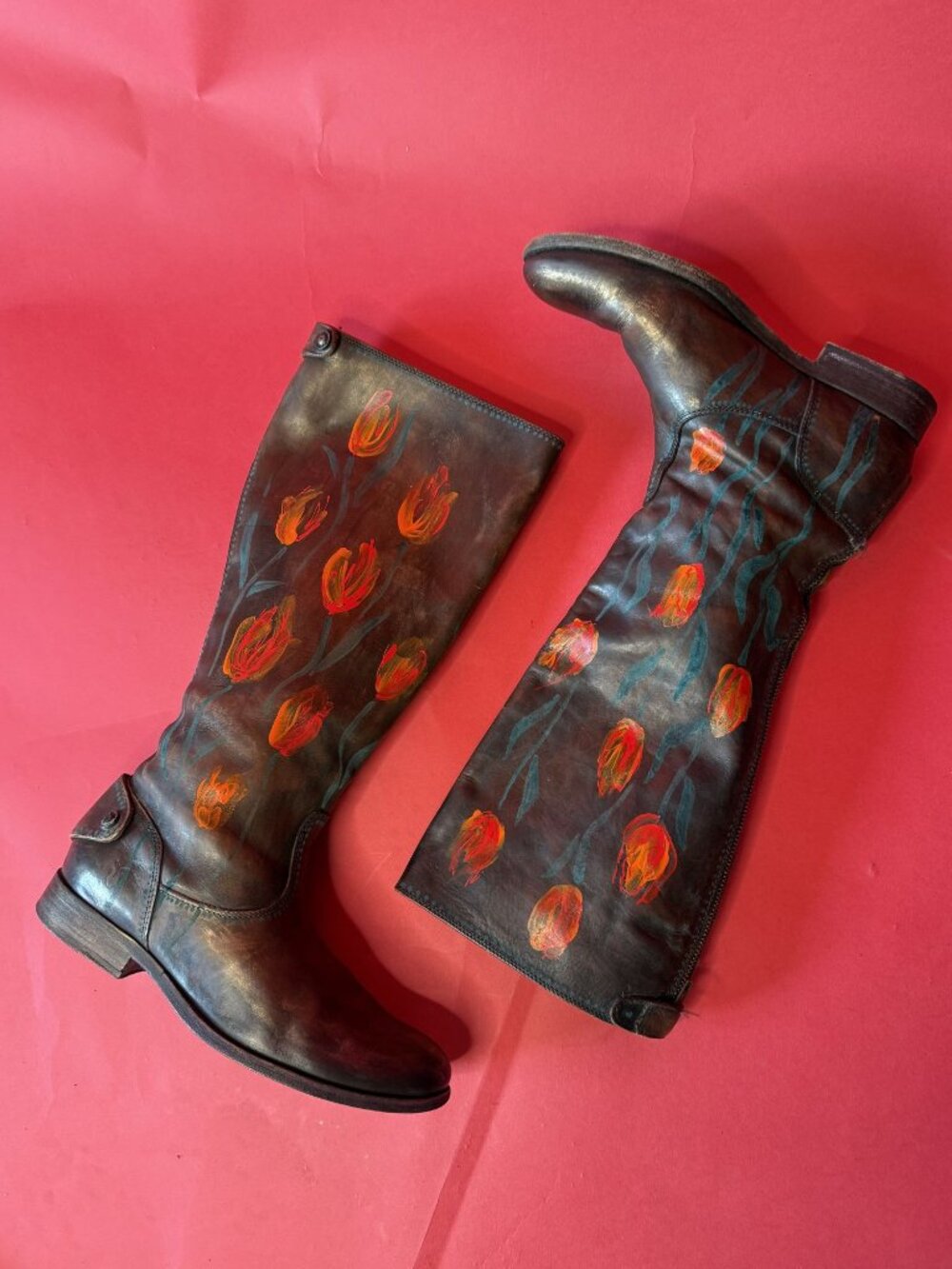 Upcycled Frye Tulip Leather Boots • Hand-Painted Floral Boots